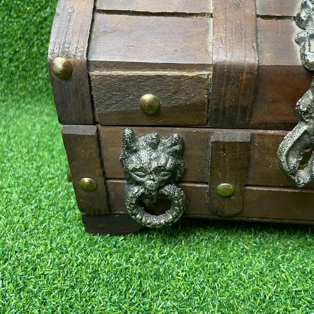Vintage Wooden Treasure Chest Jewelry Box Gothic Lions Head Metal Latch